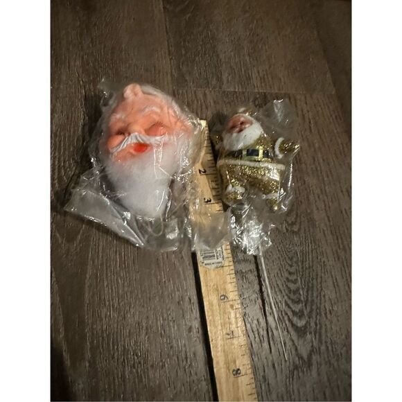 Vintage Flocked Santa Floral Picks Decor Gold Glitter & Santa Head 3 pieces MCM - Picture 7 of 7